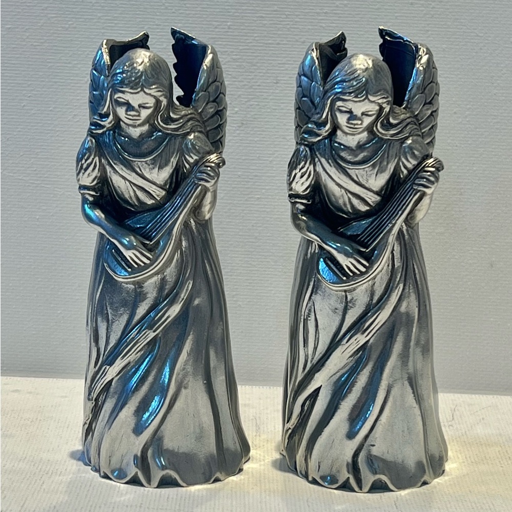 Winged Angels Playing Instruments Candle Holders 1988 Seagull Pewter Canada HTF